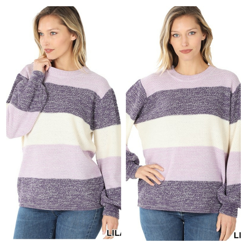 Relaxed Striped Crewneck Sweater in Lavender, Purple & Cream - Picture 5 of 6